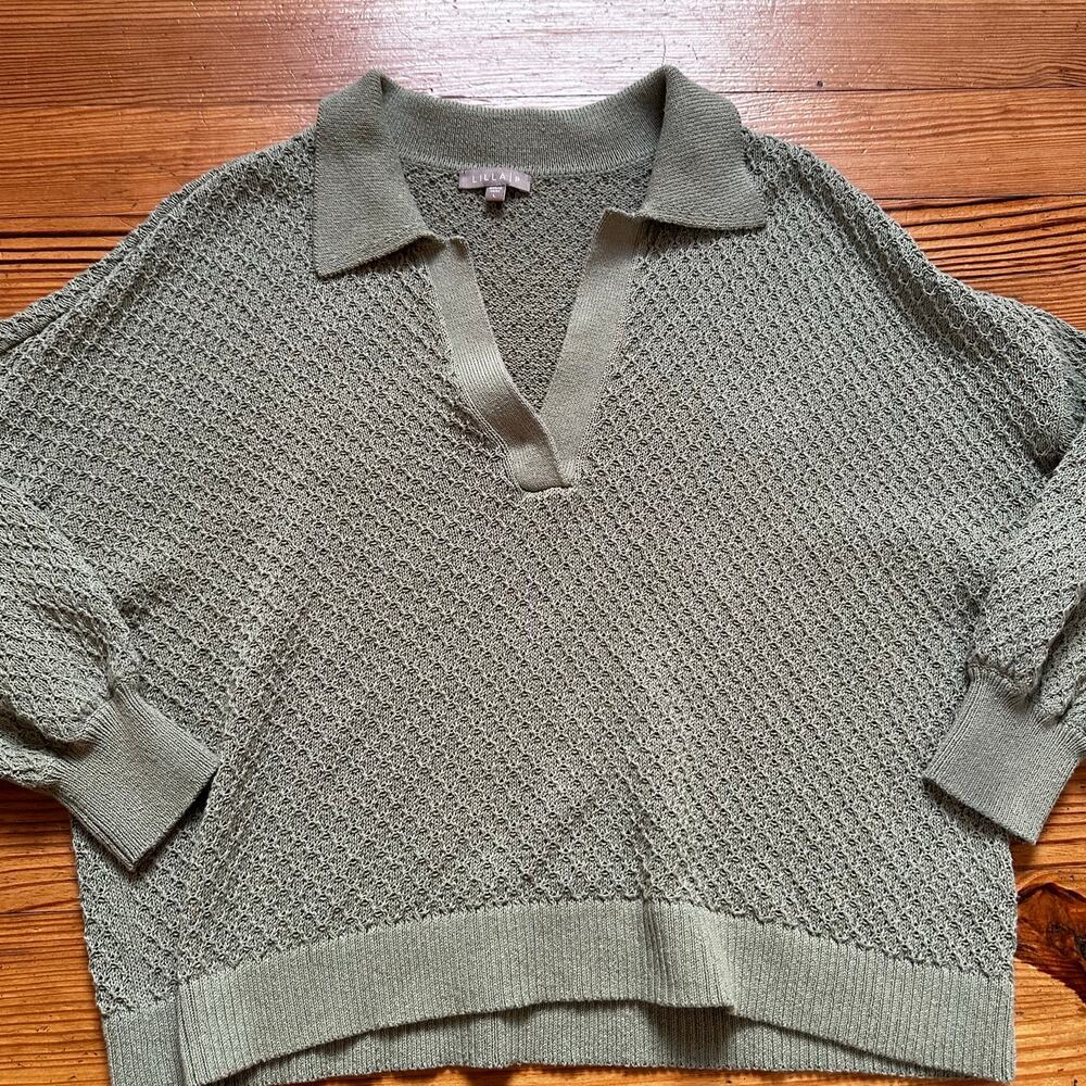 Lilla P olive‎ green loose knit long sleeve polo sweater SIZE L